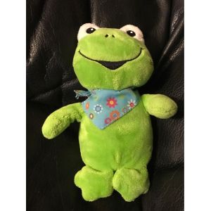 Doudou Peluche Grenouille Verte Bandana Bleu Fleurs 19cm - Occasion