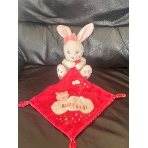 Doudou lapin SIMBA KIABI peluche blanche doudou rose mouchoir happy night - Occasion