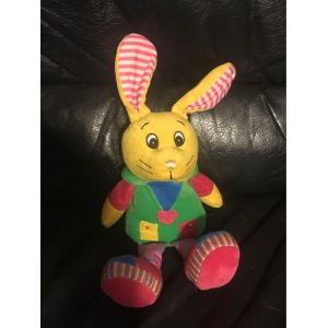 Doudou Lapin Fizzy, Corps Vert Et Bleu Tête Jaune Orange Rayé Rose Et Blanc 30cm - Occasion