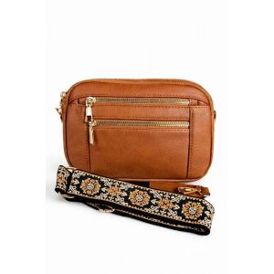 Sac bandouli&egrave;re marron camel simili cuir double compartiment &ndash; - Occasion