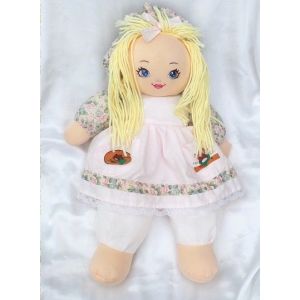 Poup&eacute;e Doudou Chiffon Robe Rose Fleurs Cheveux Laine Jaune Cmp - Occasion