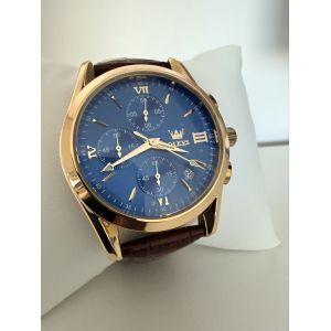 Montre Quartz Homme Style Chrono &ndash; Bo&icirc;tier Dor&eacute;, Bracelet Cuir, Aiguilles Lumineuses &ndash; Bleue - Occasion