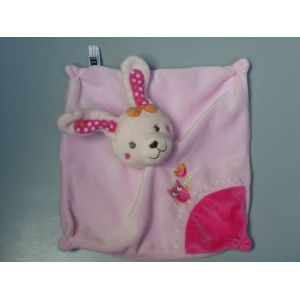 Doudou plat lapin, rose et fushia, broderie chouette, Tex Baby - Occasion