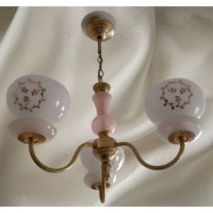 Charmante Suspension Laiton En Opaline Rose Et Blanche Trois Feux Opaline Rose Motif De FleursOff - Occasion