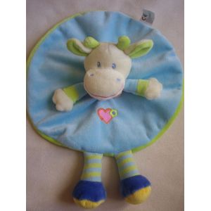 Vache Doudou Jou&eacute;club Jou&eacute; Club Sidj V&eacute;tir Doudou Rond Plat Dessus Bleu Coeur Fleur Brod&eacute; Dessous Vert Pattes Bleu Jaune - Occasion