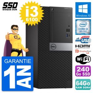 PC Tour Dell OptiPlex 7050 Intel i3-6100 RAM 64Go SSD 240Go HDMI Windows 10 Wifi - Occasion