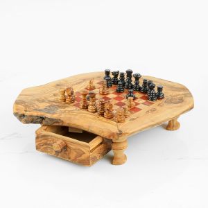 ytseazn-Jeu D'Échecs En Bois D'Olivier-Fait À La Main-100 Bio-Rustique Avec Tiroir-Échiquier En Bois D'Olivier Avec Pieds Avec Figurines-Cadeaux D'Échecs Uniques(Rouge) - Occasion