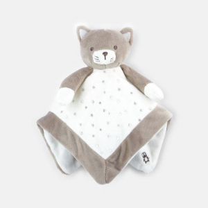 Doudou Chat Plat Obaibi Marron Beige Taupe Blanc Etoiles Argent Peluche Jouet Bebe Naissance Comforter Cat Baby - Occasion