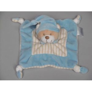 Doudou ours plat Mes Petits Cailloux bleu beige ray&eacute; blanc - Occasion