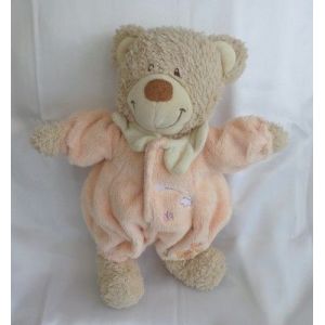 Doudou Peluche Ours Combinaison Rose Saumon Col Ecru Motif Nuage Ours Tex Baby - Occasion