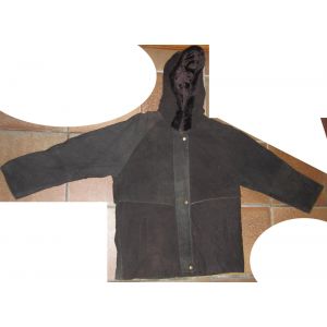 Blouson Anorak En Cuir À Capuche Taille 42 / 44 Noir Bordure De La Capuche Fausse Fourrure 3 Poches - Occasion