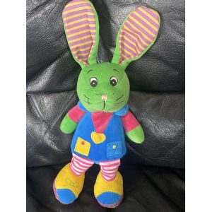 Doudou peluche lapin multicolore vert bleu jaune et rose fizzy 30cm - Occasion
