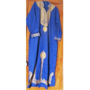 Longue Robe-Avec Manches Et Fentes Latérales-Coton Égyptien Bleu Brodé De Fils Dorés-À Porter Comme Tenue D'intérieur Ou Pour Une Fête Costumée- Rapportée D'egypte En 1996-Fabrication Artisanale - Occasion