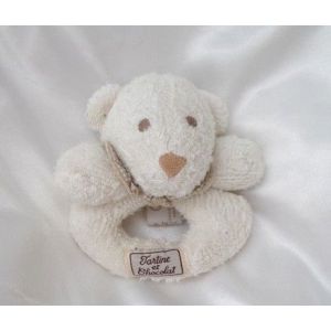 Doudou Peluche Ours Chien Anneau Hochet Ecru Collerette Vichy Marron Tartine Et Chocolat - Occasion
