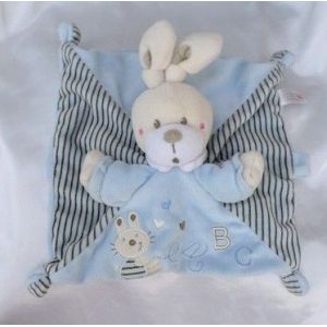 Doudou Peluche Plat Lapin Bleu Rayures ABC Modèle sans la petite bouche ronde Nicotoy - Occasion