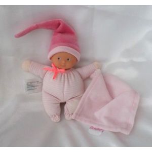Doudou Poup&eacute;e Minir&ecirc;ve Rose Rayures Blanc Rose Mouchoir Bonnet Corolle - Occasion