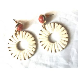 Boucles Oreilles Pendantes Pierre Ronde Rouge Cercle Tiss&eacute; Fil Blanc Bijoux Dor&eacute;s Fantaisies Femmes - Occasion