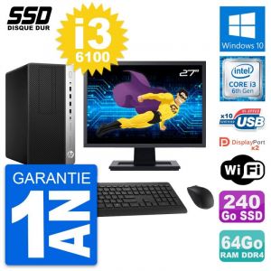 PC Tour HP ProDesk 600 G3 Ecran 27" i3-6100 RAM 64Go SSD 240Go Windows 10 Wifi - Occasion