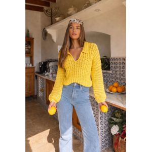 Pull Crochet Jaune Moutarde Fait Main Manches Ballon &ndash; Pi&egrave;ce Unique Vintage Boh&egrave;me - Occasion