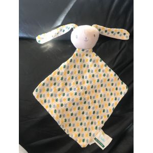 DOUDOU PLAT KLORANE LAPIN lange blanc &eacute;cru fleur jaune bleu vert - Occasion