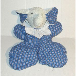 doudou elephant à carreaux bleu et blanc avec collerette peluche tête en tissus eponge vintage moulin roty 28cm - Occasion