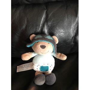 Doudou PelucheOurs AviateurLazareBeige Bleu Gris ... Sauthon 12cm - Occasion