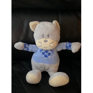 DOUDOU PELUCHE CHAT AJENA GRIS HAUT BLEU COEUR VICHY 20CM - Occasion