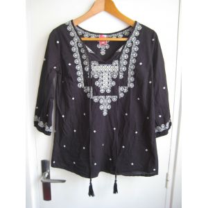Tunique Blouse Noir Brodée Col Tunisien Coton Taille S/M - Occasion