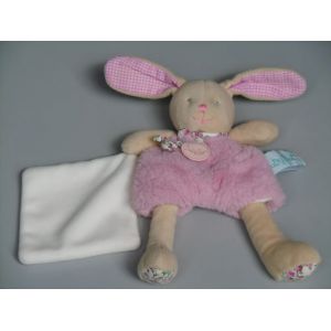Doudou lapin Baby Nat' rose beige mouchoir blanc fleurs Poupi - Occasion