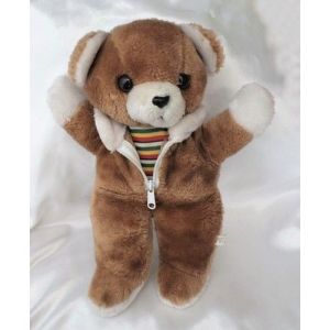Doudou Peluche Ours Marron Et Blanc Fermeture Zip Haut Rayures Vintage Cp - Occasion
