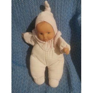 Poup&eacute;e Doudou Baby Pouce Corolle Velours Rose Ray&eacute; Collerette Vichy Vintage - Occasion