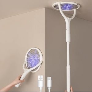 2-Pack GeckoMan T&ecirc;te Rotative Raquette &Eacute;lectrique Insectes Rechargeable Raquette Anti Moustique &Eacute;lectrique Moustique Tapette&agrave; Mouche Pi&egrave;ge Anti Mouche, avec Une Extension T&eacute;lescopique - Occasion