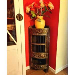 &Eacute;tag&egrave;re angle indienne en teck massif incrust&eacute; de cuivre dor&eacute; et bleut&eacute; - Occasion