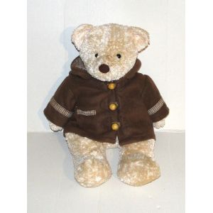 Peluche Ours Beige Damart Manteau En Polaire Bouton En Bois - Doudou Ourson 38 Cm - Occasion