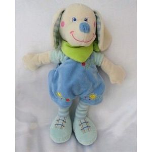 Doudou Peluche Chien Bleu Jambes Rayures Foulard Vert Mots D'enfants - Occasion