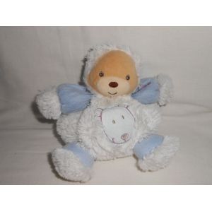 Doudou Eskimo Ours Boule Peluche Kaloo Collection Igloo Ourson Esquimau Capuche Blanc Bleu Tete D'ours Brode Fourrure Blanche 16cm - Occasion