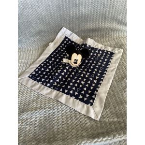 Doudou plat Mickey bleu gris satin triangle grelot Disney Baby - Occasion