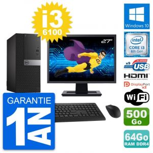 PC Tour Dell 7050 Ecran 27" i3-6100 RAM 64Go Disque 500Go HDMI Windows 10 Wifi - Occasion