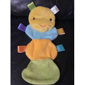 Doudou peluche chenille jaune bleu ciel vert taggies 25cm - Occasion