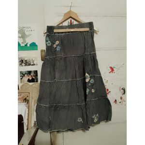 Jupe Longue En Velours Grise Motifs Cousus Colorés 36 S Psssy Folk. - Occasion