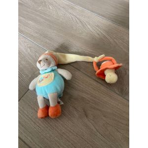 Doudou peluche ours attach&eacute; sucette baby nat bleu jaune orange petit - Occasion