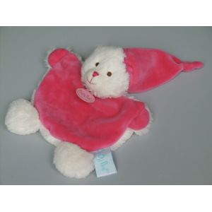 Doudou ours plat Baby Nat rose blanc bonnet c&acirc;lins - Occasion
