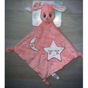 Doudou Lapin Mouchoir Rose Blanc Lune &Eacute;toile Auchan Peluche Jouet B&eacute;b&eacute; Soft Toy Rabbit Bunny - Occasion
