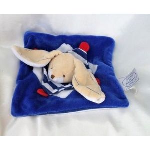 Doudou Peluche Plat Lapin Marin Beige Bleu Blanc Col Rayures Doudou Et Compagnie - Occasion