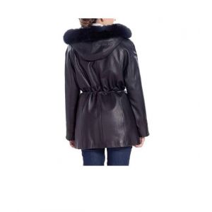 Parka Cuir Agneau Caban Peau Véritable Pleine Fleur Veste Capuche Fourrure Poches Femme 46 Manteau Blouson Apparence Élégante Mode Chaud Qualité Robuste Coupe Classique Style Chic Sorties Look Moto - Occasion