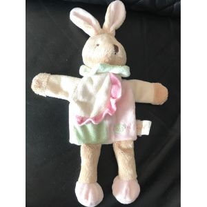 Doudou Plat Marionnette Baby Nat Lapin Rose Vert Beige 30cm - Occasion