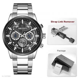 Argent Noir-Box-T - Megir-Montre Habillée Formelle Pour Homme, Chronographe Shoous, Montre-Bracelet À Quartz Avec Bracelet En Acier Inoxydable, Date Automatique, 24 Heures, Noir, Or Rose - Occasion