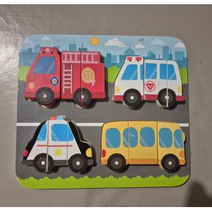 Puzzle en bois encastrement 1er age bus pompier police ambulance - Occasion