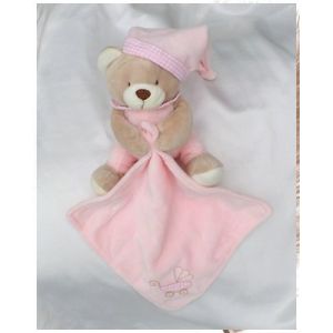 Doudou Peluche Ours Assis Beige Et Rose Mouchoir Broderie Landeau Col Vichy Bonnet Item International - Occasion