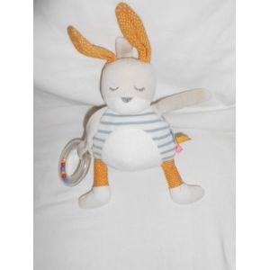 Doudou Peluche Activite Lapin Tout Doux Love Tao Qui Dort Tape A L'oeil Rayé Gris Bleu Jaune Moutarde Attache Sucette Têtine Grelot Pouet - Occasion